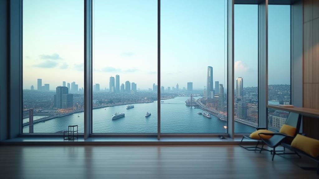 Modern İstanbul manzaralı ofis penceresinden dışarıya bakan danışman